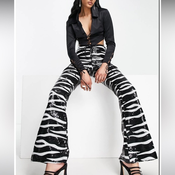 ASOS sz 2 black and white, sequin, zebra print side, zipper rockstar, sexy pants - Picture 1 of 8